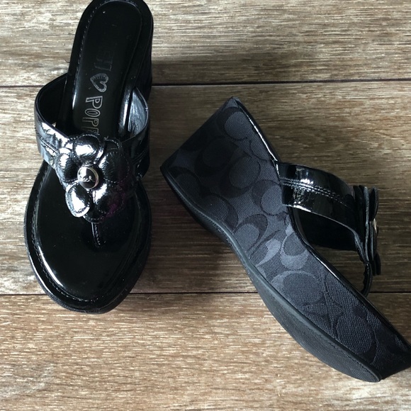 Coach Shoes - Coach Black Harley Poppy Thong Wedges, Size 6.5B